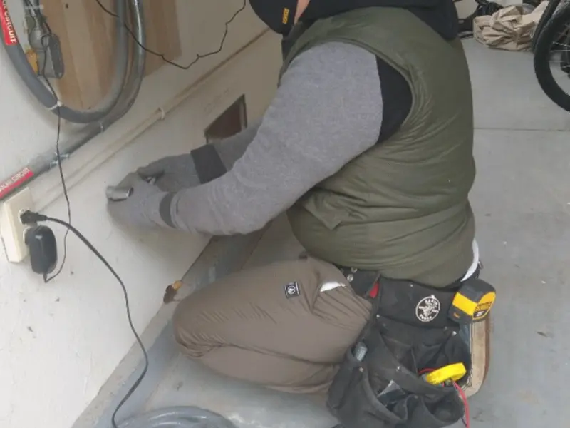 Electrician performing outlet wiring in a Roswell garage